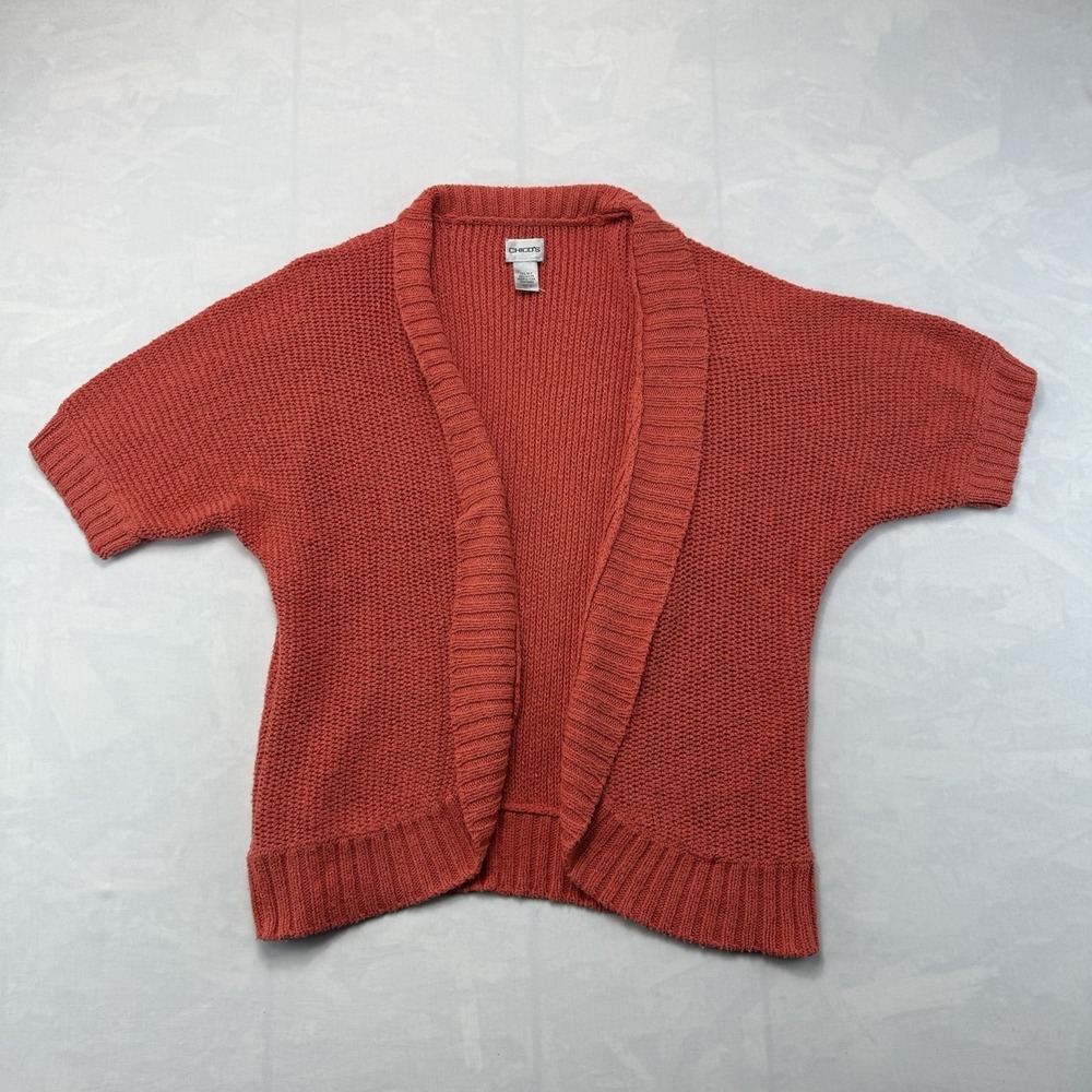 Chico's Womens Large Cropped Cardigan Open Knit Silk Blend Short Sleeve